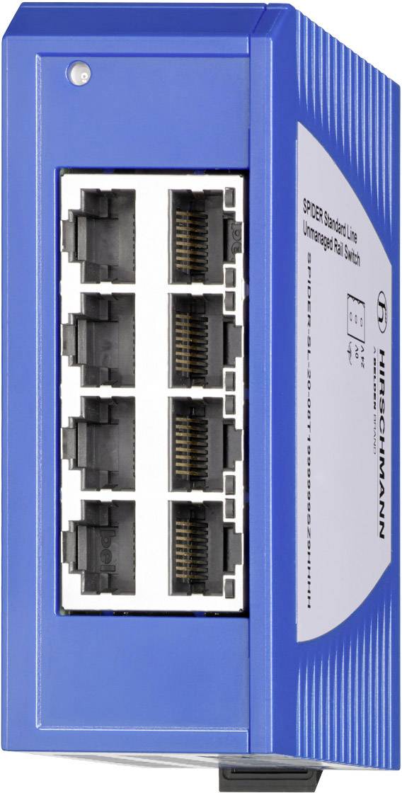 'Blue industrial Ethernet switch with eight RJ45 ports for network connections, Hirschmann SPIDER 8TX model.'Note: The translation is in British English, maintaining the technical terminology and original meaning of the German text.