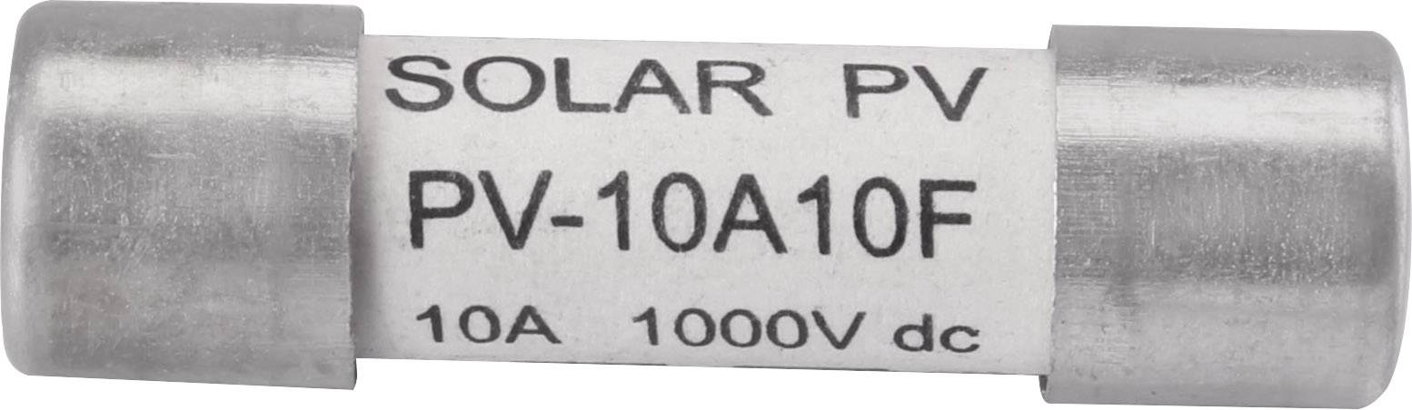 Fuse marked 'SOLAR PV PV-10A10F 10A 1000V dc', suitable for solar power applications.