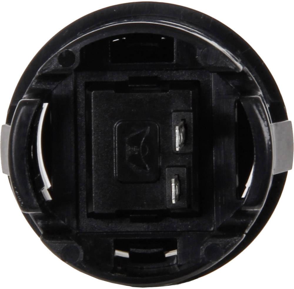 A black, circular electrical switch in close-up, with two metal contacts visible inside.
