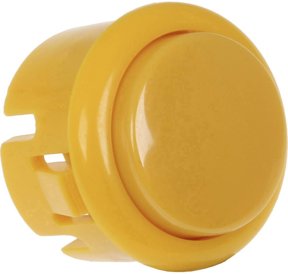 Yellow plastic head of a push-button switch, round with a smooth surface and side grooves for mounting.