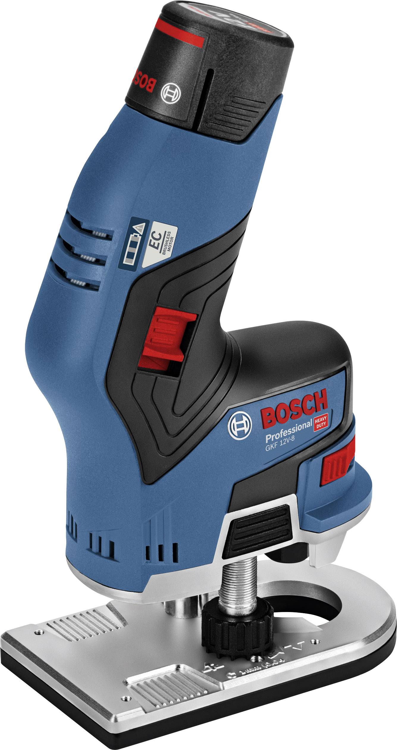A blue, ergonomic Bosch cordless edge router with a red switch and black handle on a metal base.