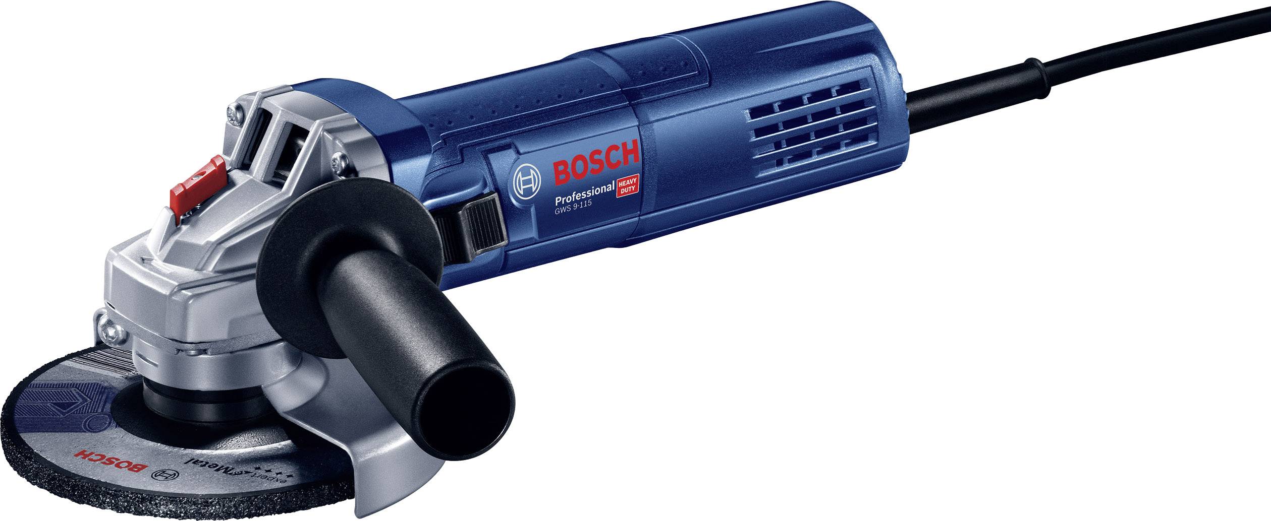 Bosch Professional angle grinder with blue casing and red switch, featuring a side handle for versatile cutting tasks.