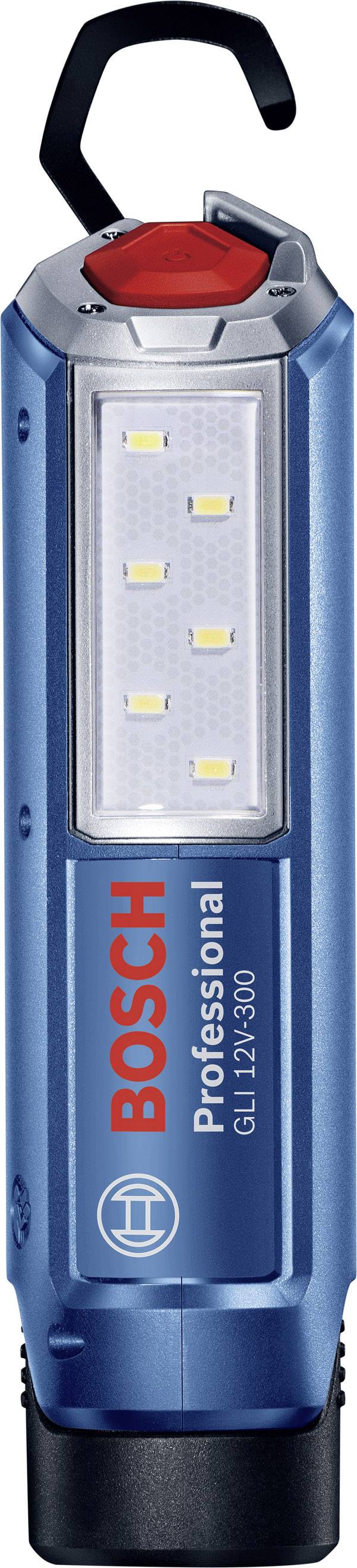 Blue torch in portrait orientation with bright LED light and red switch. 'Bosch Professional' brand name is visible.