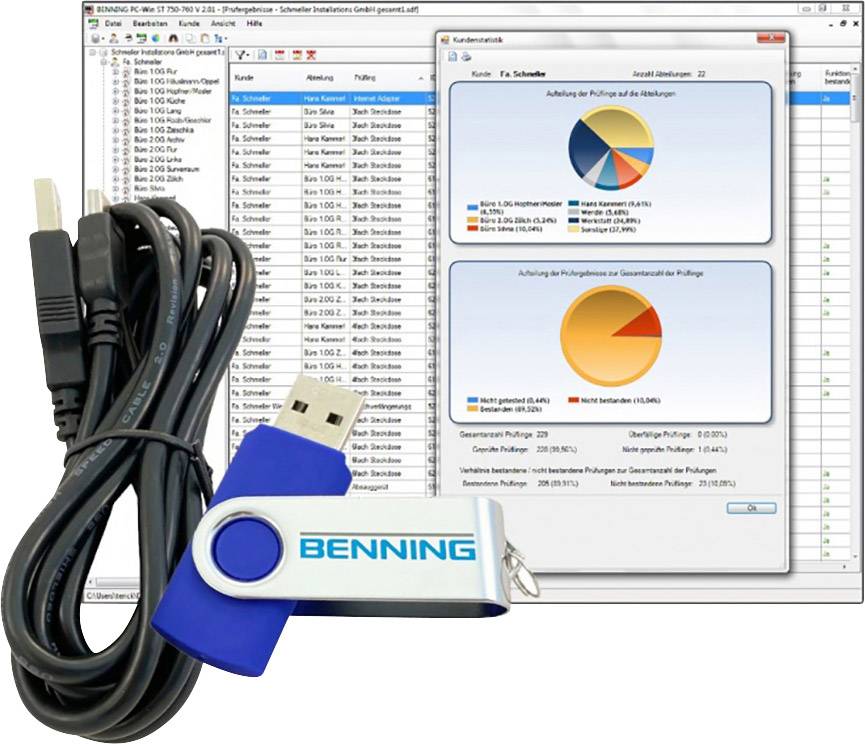 USB drive with 'BENNING' logo, next to a cable. In the background, a computer screen displaying data analysis software with two pie charts shown.