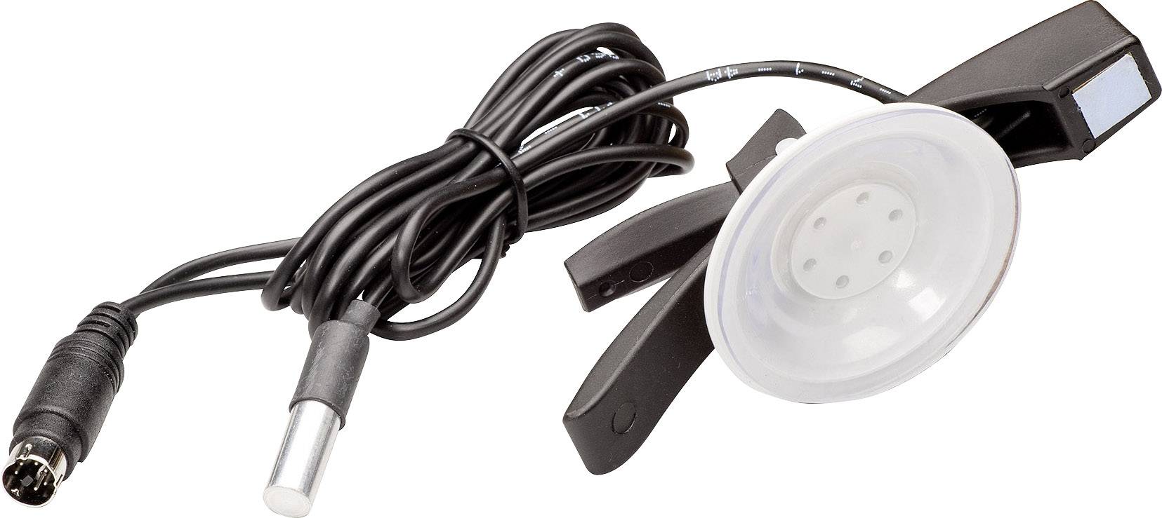 A cable with multiple connectors, including a round and a cylindrical one. At one end, there is a transparent suction cup.