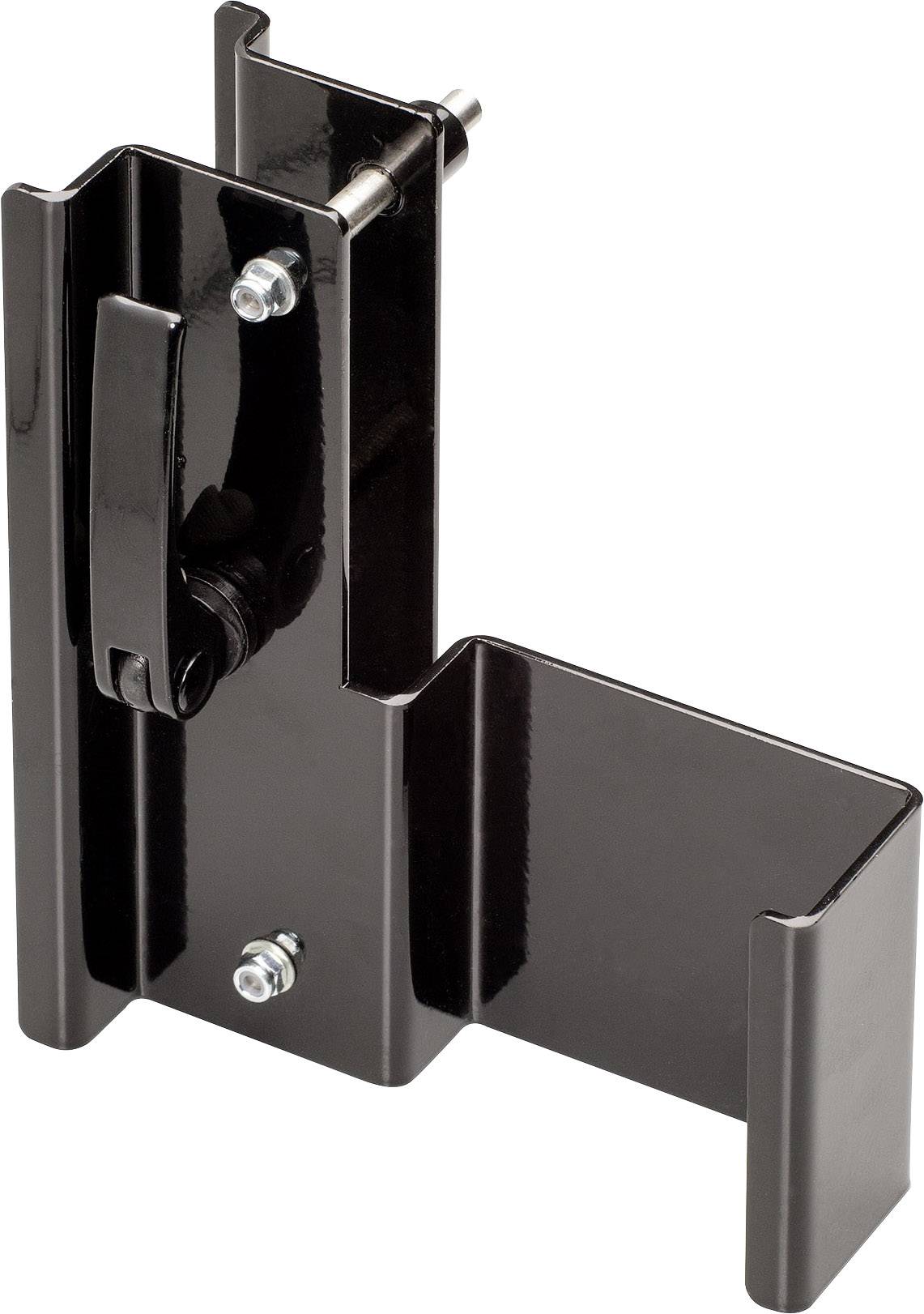 Black metal mounting bracket with metal chain attachment. Suitable for secure fastening to a structured object.