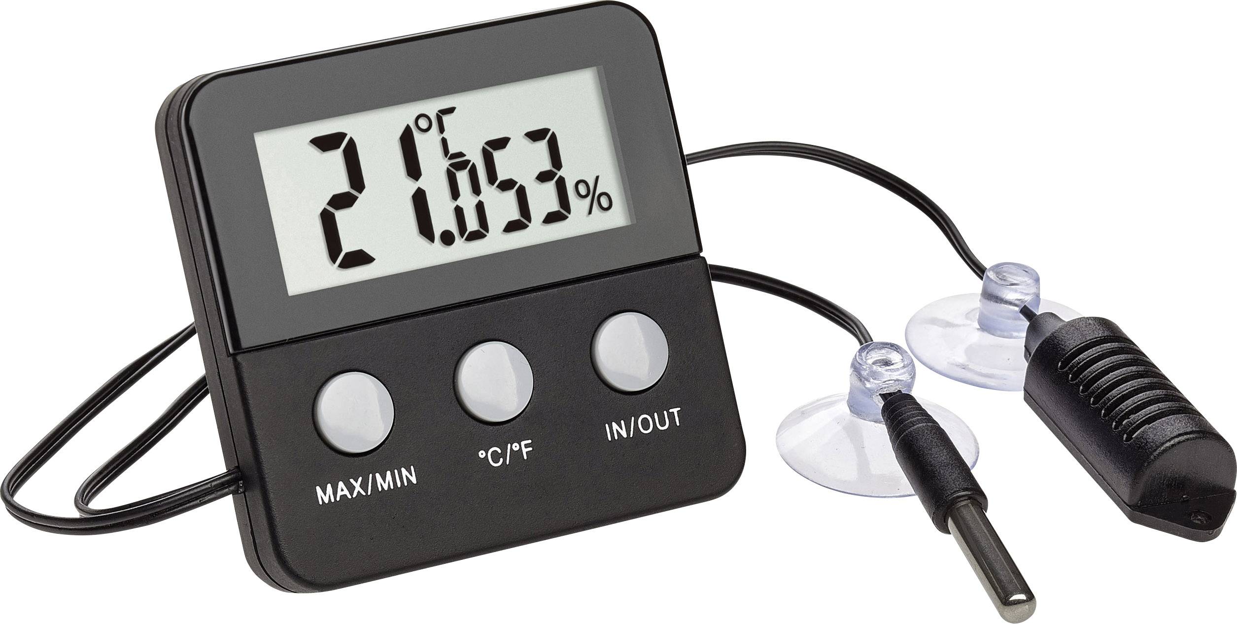 A digital thermo-hygrometer displays '21°C' and '53%' relative humidity. Two probes and suction cups are attached to the device.
