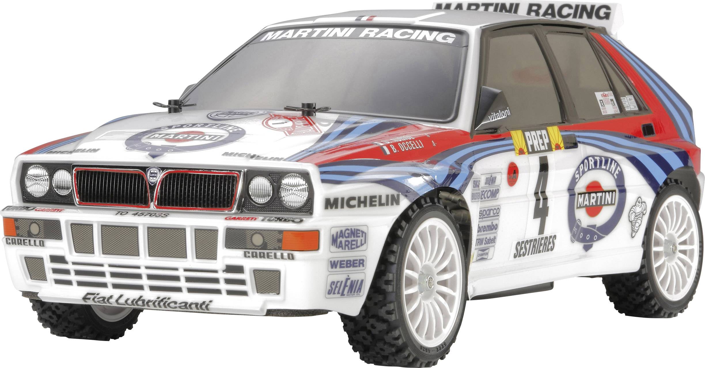 Racing car model with 'Martini Racing' lettering, red and blue striped design, and the number 4 on the side.