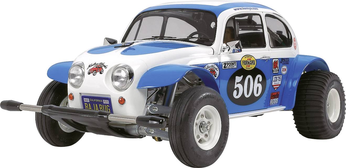 A model car in the style of a classic VW Beetle, modified for off-road racing, with race number 506 and various sponsor decals.