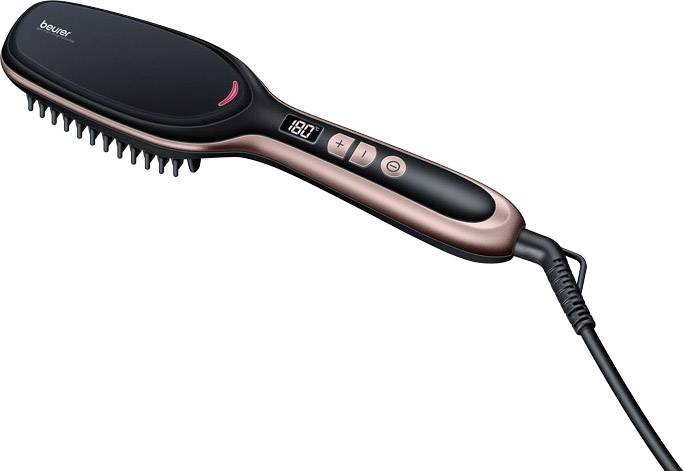 Electric hairbrush with temperature display at 180 degrees. Black with pink accents, corded.