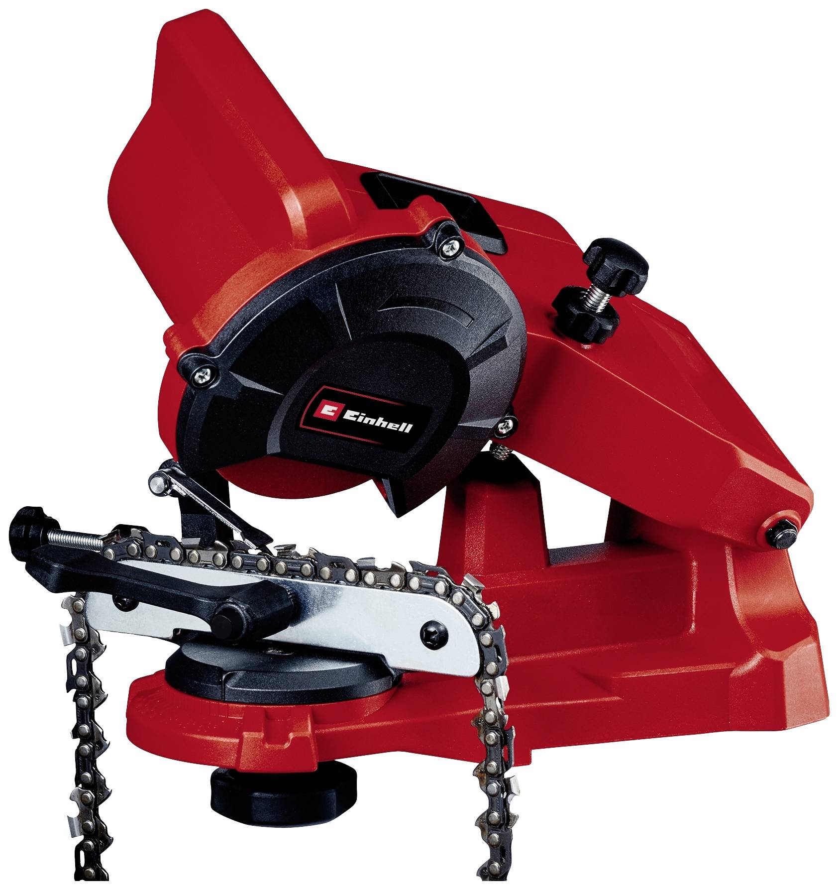 Red chain sharpener by Einhell, used for sharpening chainsaw chains. It features a visible tensioning system.
