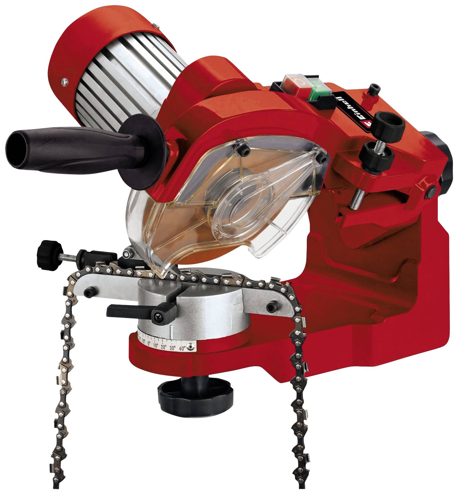 Red electric chainsaw sharpener with a black handle and transparent guard. Mounted with switch and chain.