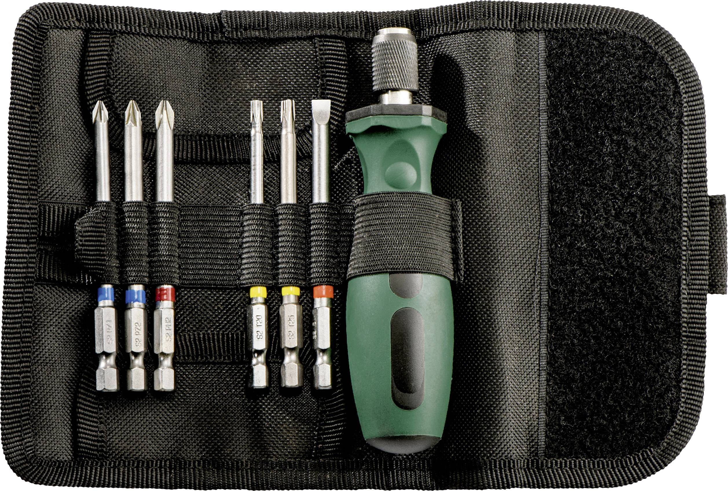 A set of screwdrivers: a green handle and seven bits in various sizes, neatly arranged in a black case.