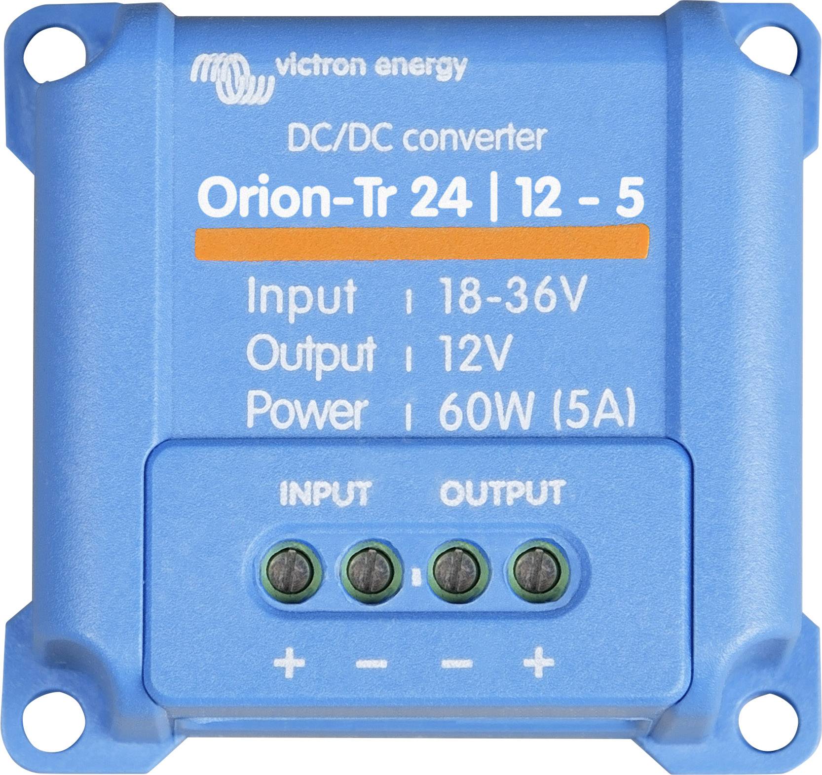 A blue DC/DC converter labelled 'Orion-Tr 24 | 12 - 5' by Victron Energy. Input: 18-36V, Output: 12V, Power: 60W (5A).