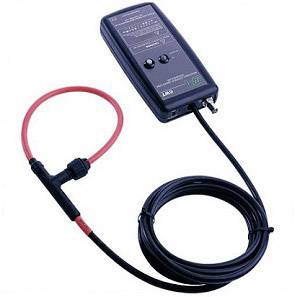 Handheld digital multimeter with illuminated display and long measurement cable, suitable for electrical measurements.