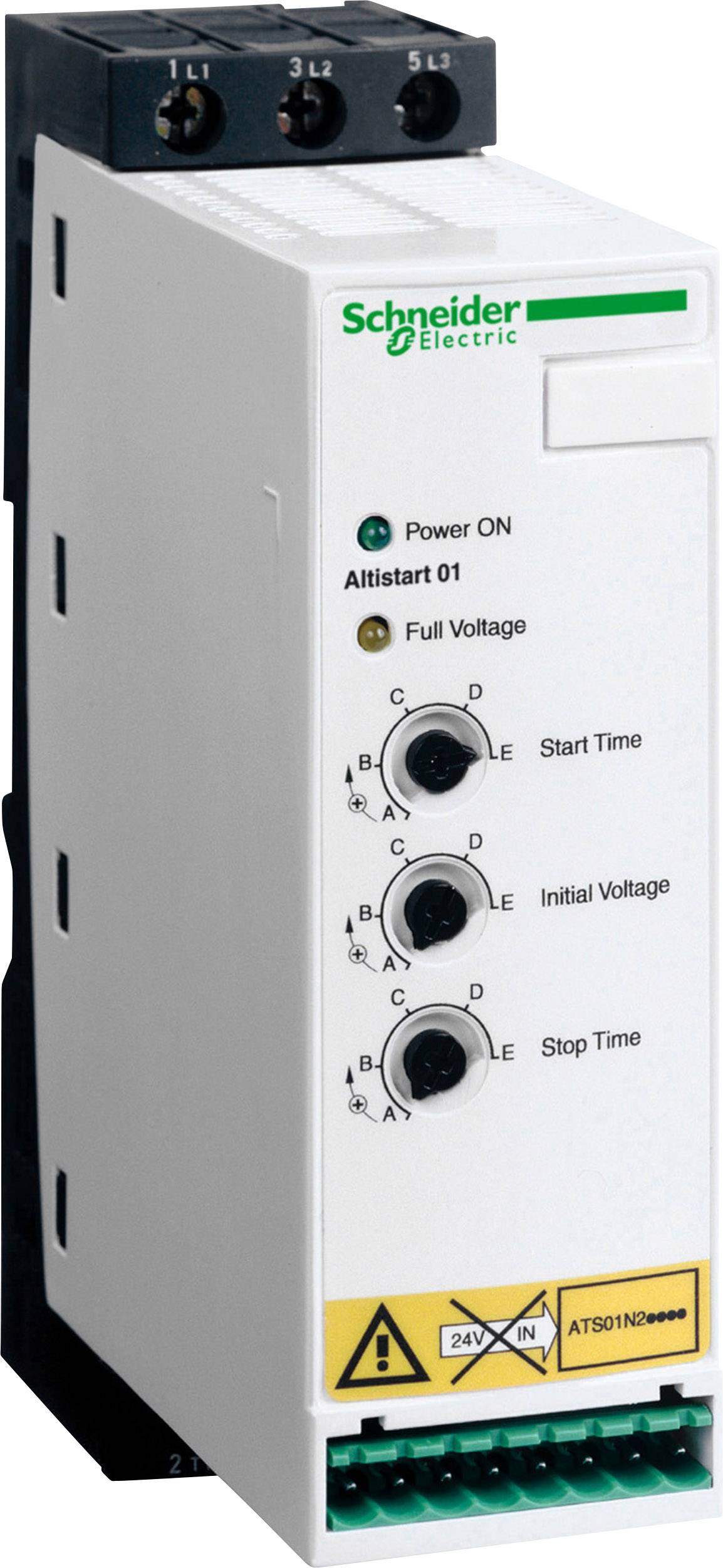 Electronic motor starter module by Schneider Electric with rotary controls for start time, initial voltage, and stop time.