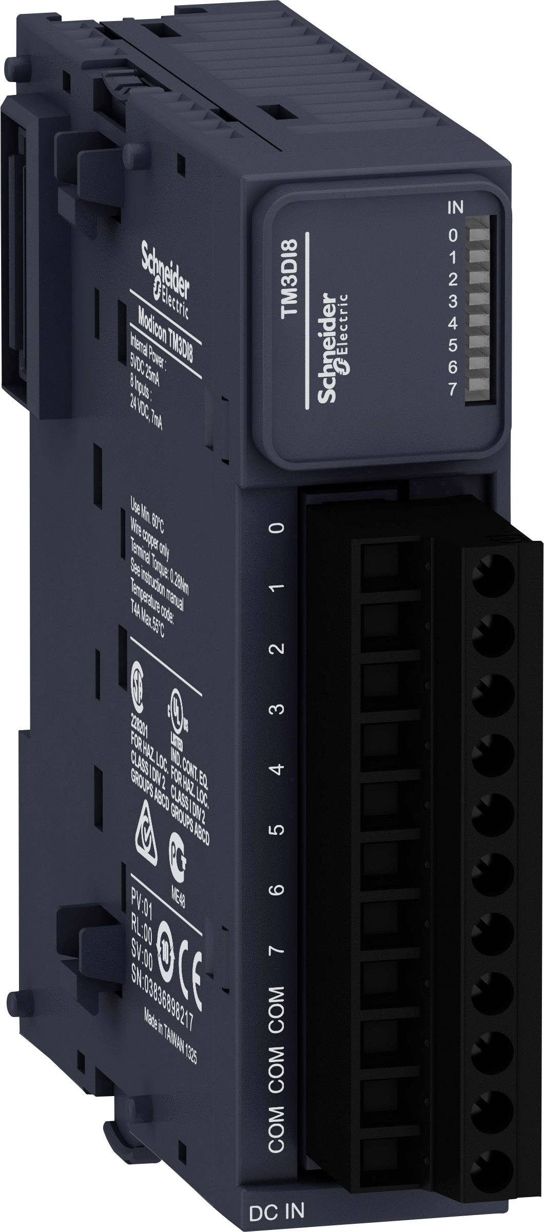 A black electronic module from Schneider Electric with multiple connections on the front panel and the model number 'TM3DI8'.