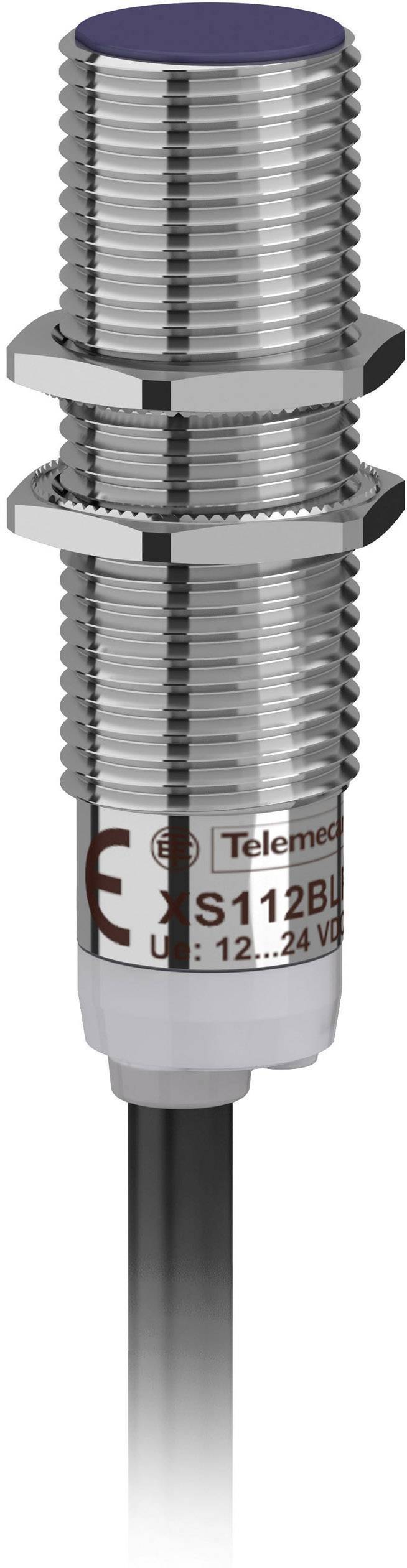 Cylindrical inductive proximity sensor with metallic thread, labelled 'Telemecanique Sensors XS112B3', to be connected with 12-24 volts.