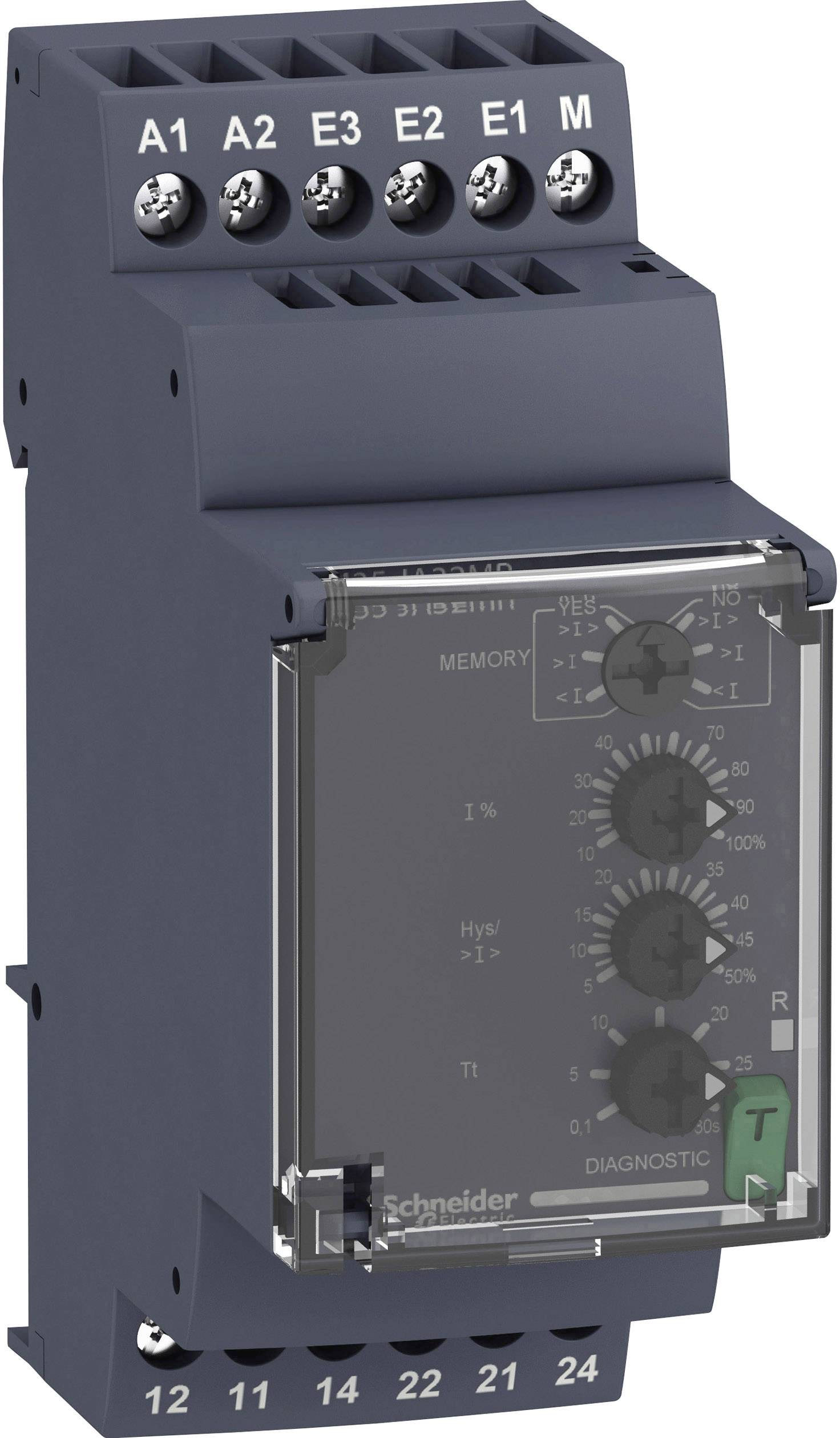 An electrical relay with multiple terminals and a transparent housing displaying various adjustment buttons.