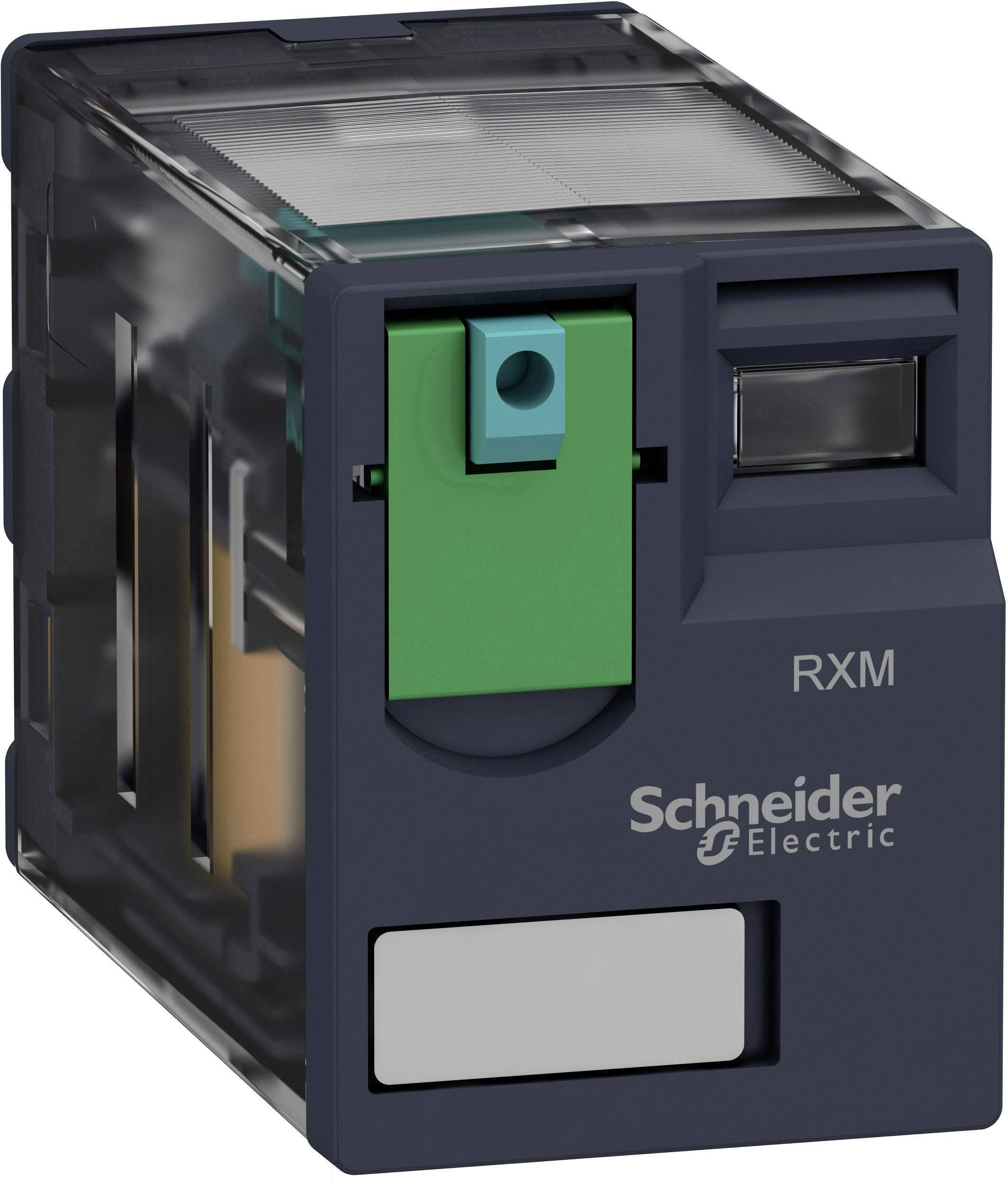 A compact, rectangular electrical switching relay from Schneider Electric, model RXM, with a green lever and company logo.