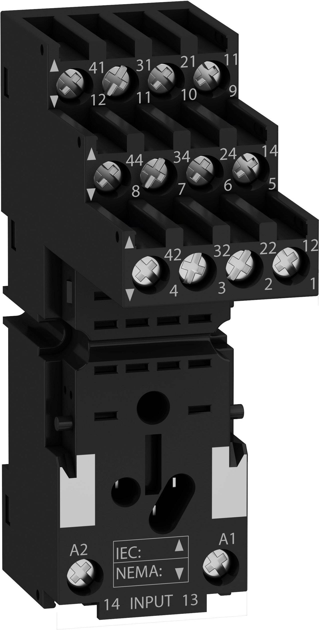 A black electrical connector with numbered screw terminals in four rows. Underneath it reads 'IEC: NEMA:'.