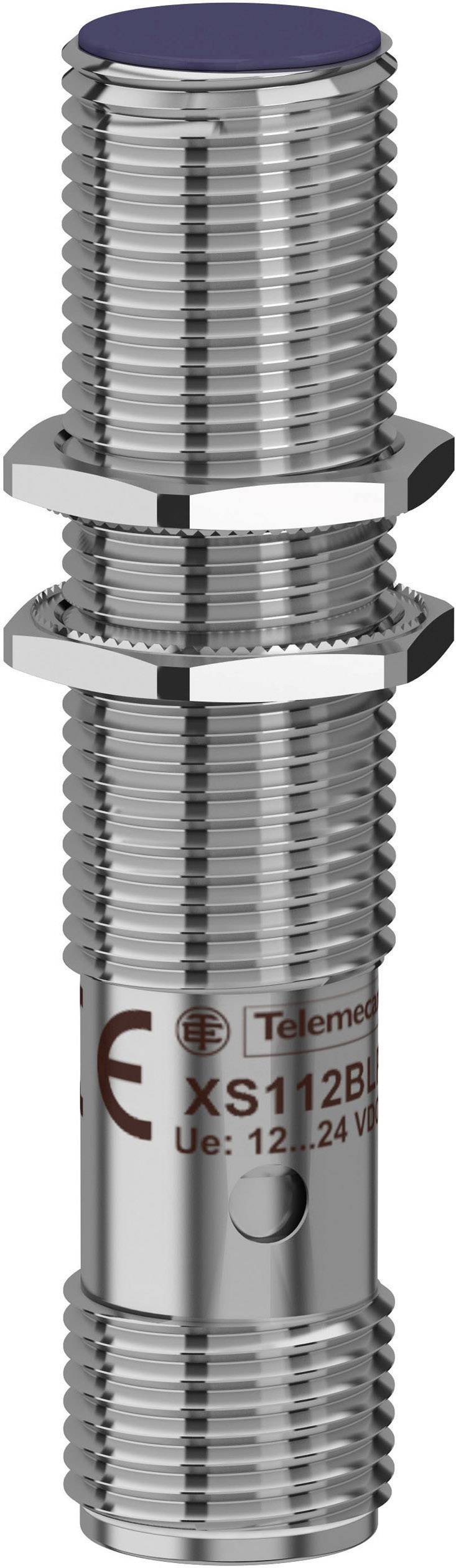 Cylindrical metal proximity sensor, model 'XS112B3PAU12', suitable for voltages from 12 to 24 V. Suitable for industrial applications.