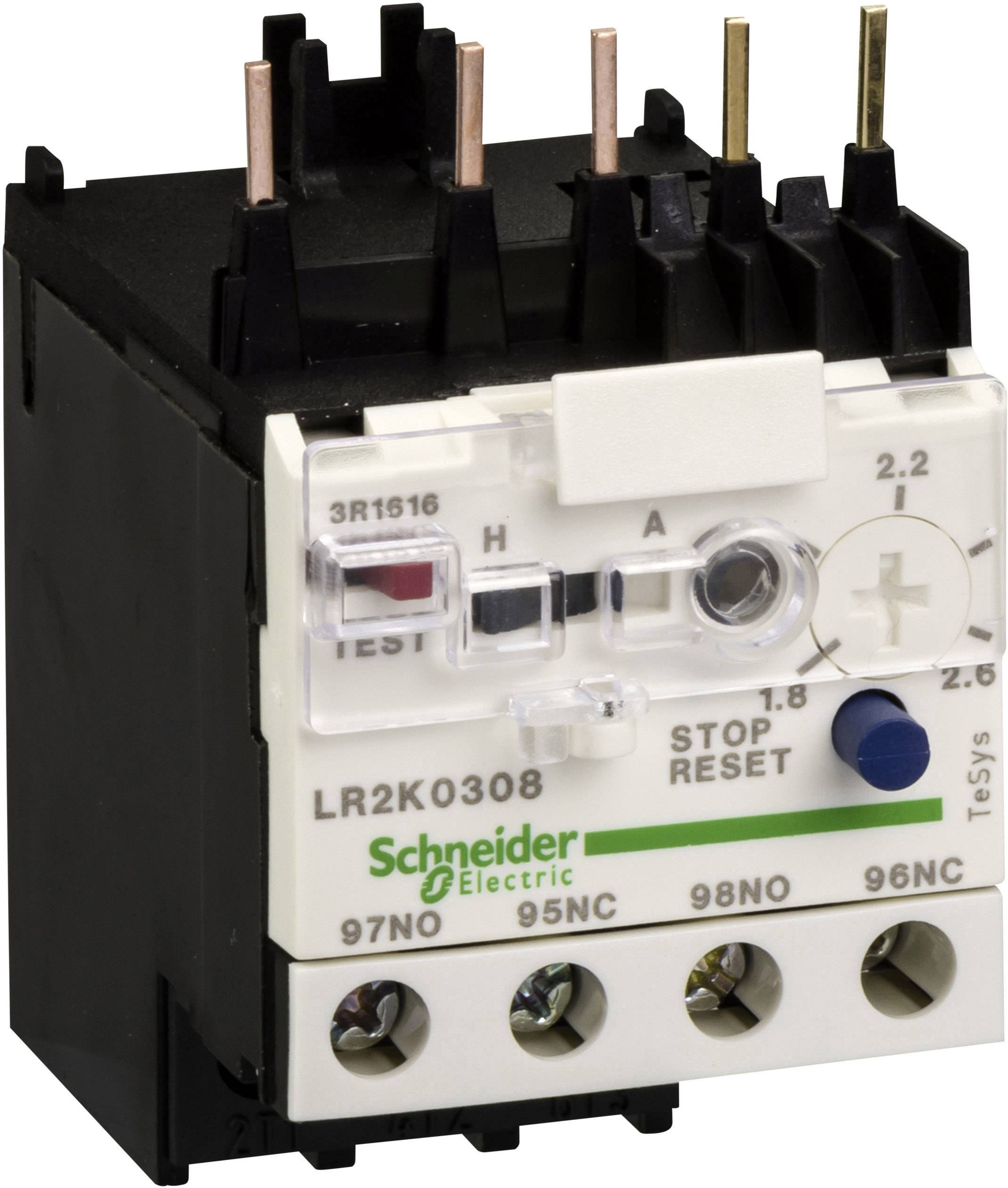 A thermal overload relay, Model LR2K0308 from Schneider Electric, black and white with multiple connections and operating controls.
