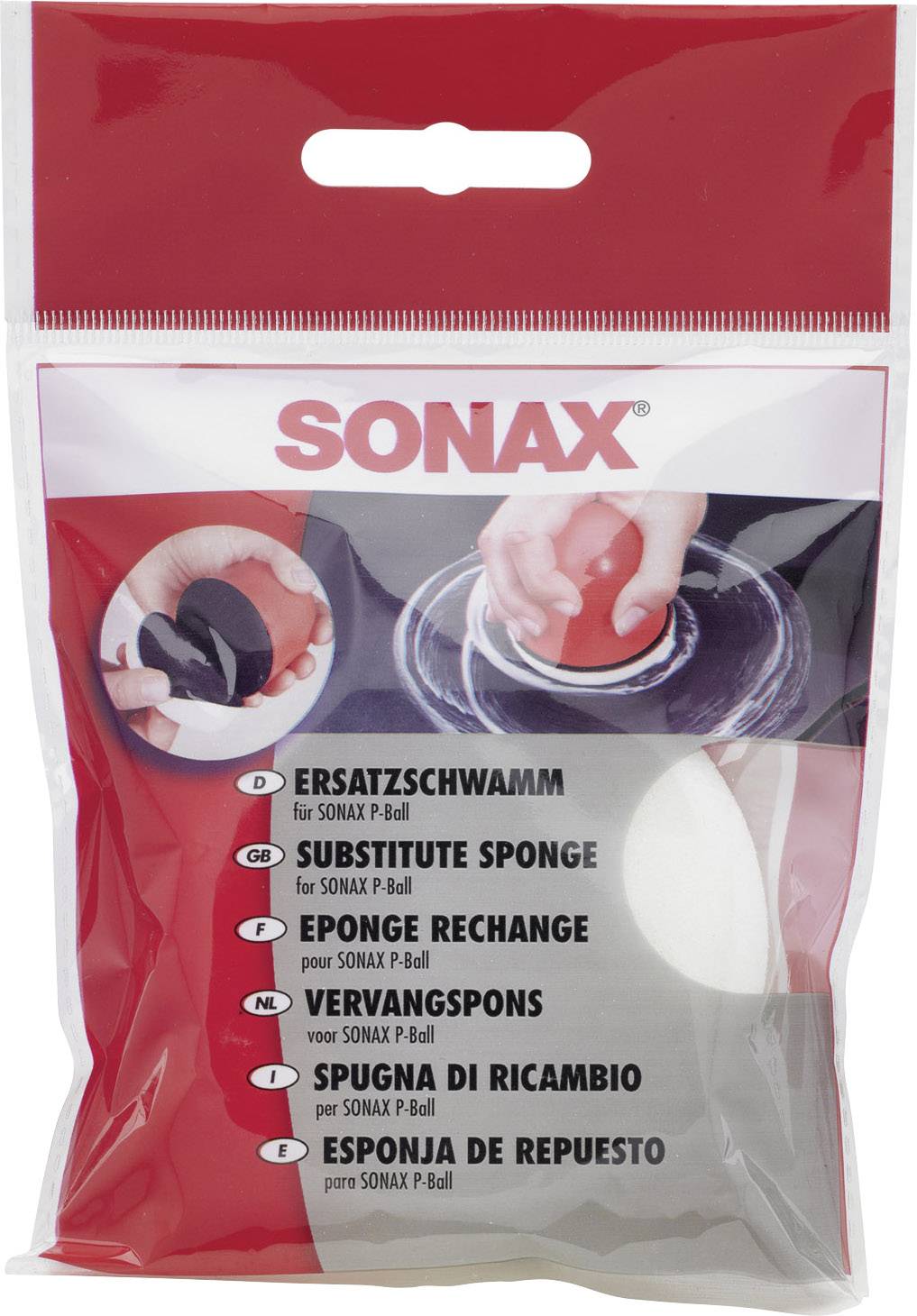 A packaging containing a replacement sponge for the SONAX P-Ball. Labelling in multiple languages. Car care product.