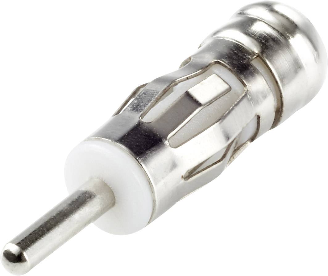 A metallic coaxial plug with a smooth, cylindrical shape and a plastic insulator, used for antenna or audio cable connections.