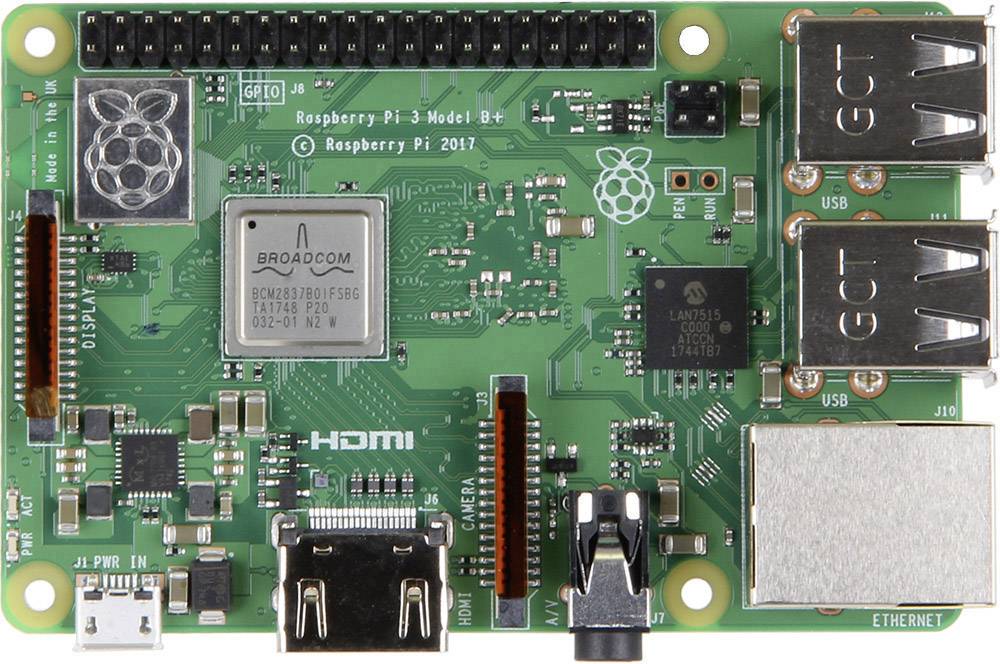 A Raspberry Pi 3 Model B+ board, showing ports and components, including USB ports, HDMI output and Ethernet connection.