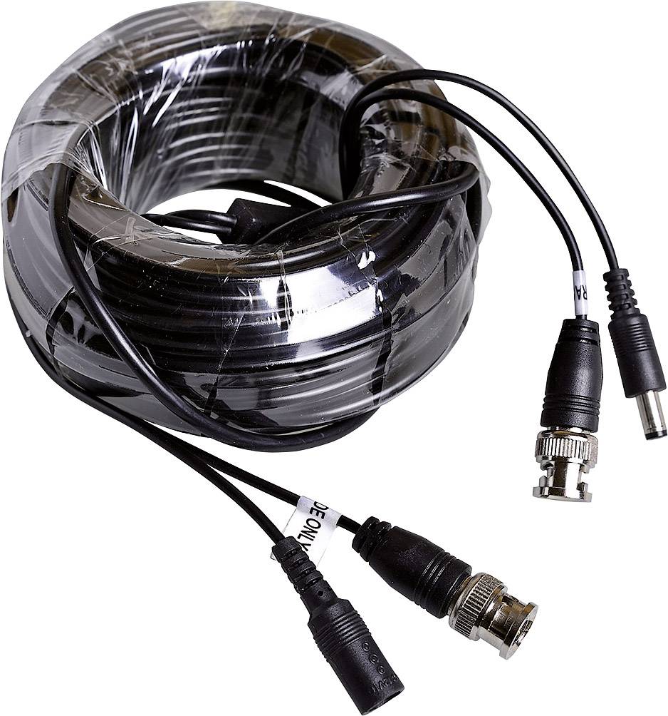 A coiled black cable with various connectors, including a BNC connector and a male DC plug.