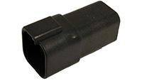 Black plastic component in a rectangular shape, possibly an adaptor or connector, on a white background.Note: The translation preserves the original meaning and uses British English spelling (adaptor instead of adapter).