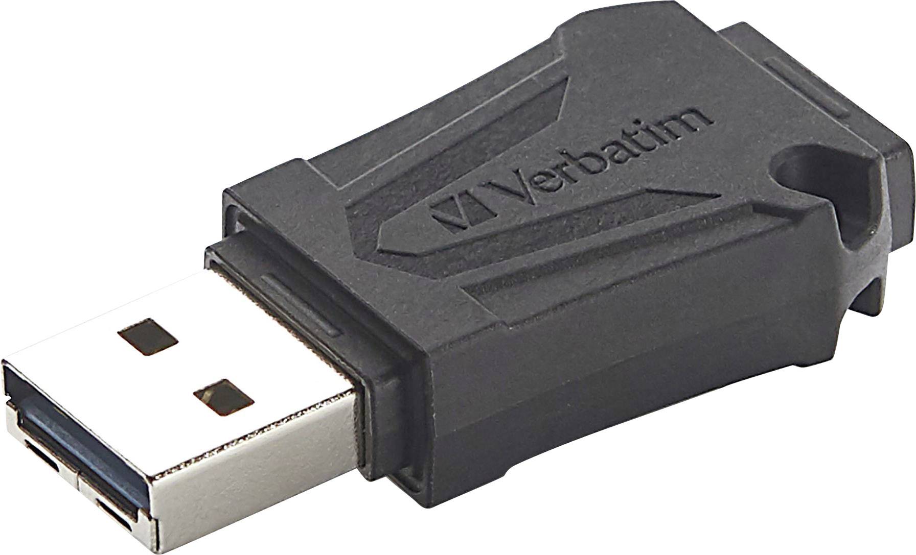 A black USB stick from the Verbatim brand with a robust, structured casing.