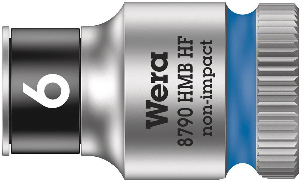 Metallic socket with the inscription 'Wera 8790 HMB HF non-impact'. Size 6. Silver colour with blue ring.