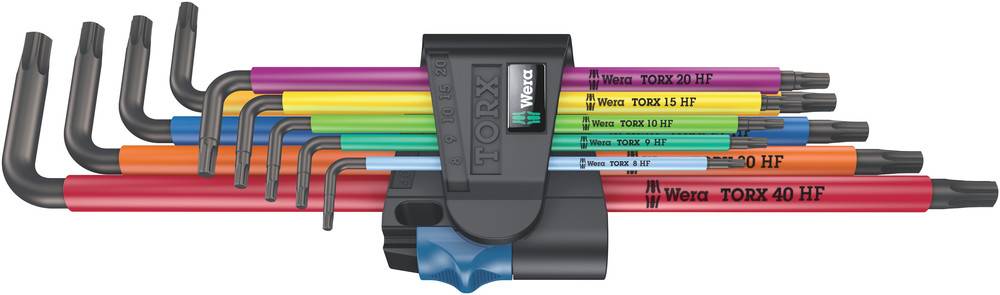 A set of colourful TORX hex keys, arranged in a holder. Each key has different colours and size markings.