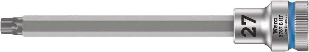 Long metal bit with Torx profile, size 27, for screwdriver or ratchet attachment; silver-coloured with blue marking.