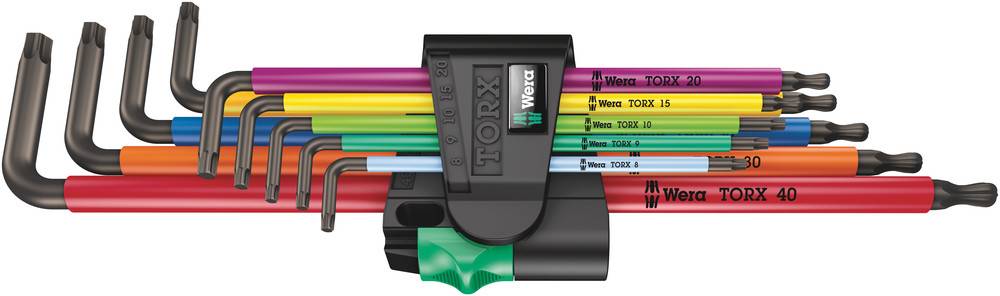 A set of coloured Allen keys in a holder, marked with sizes ranging from TORX 10 to TORX 40.