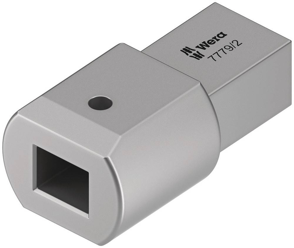 Metal adaptor with square drive profile and Wera logo, Article Number 7779/2, for connecting tool components.