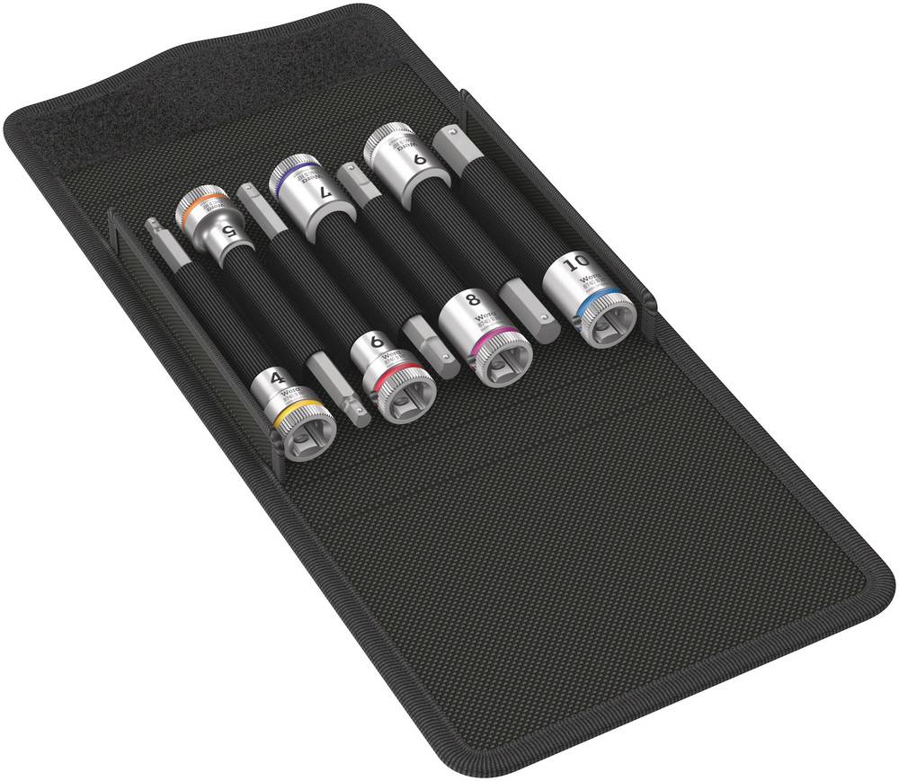 A case containing six torque wrenches, numbered from 1 to 6. Each wrench has a coloured ring for quick identification.