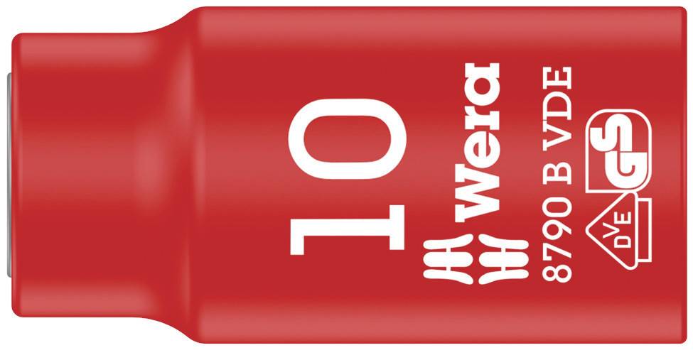 Red socket with '10' and 'Wera 8790 B VDE' inscription, VDE and GS marks. Tool for insulated work.