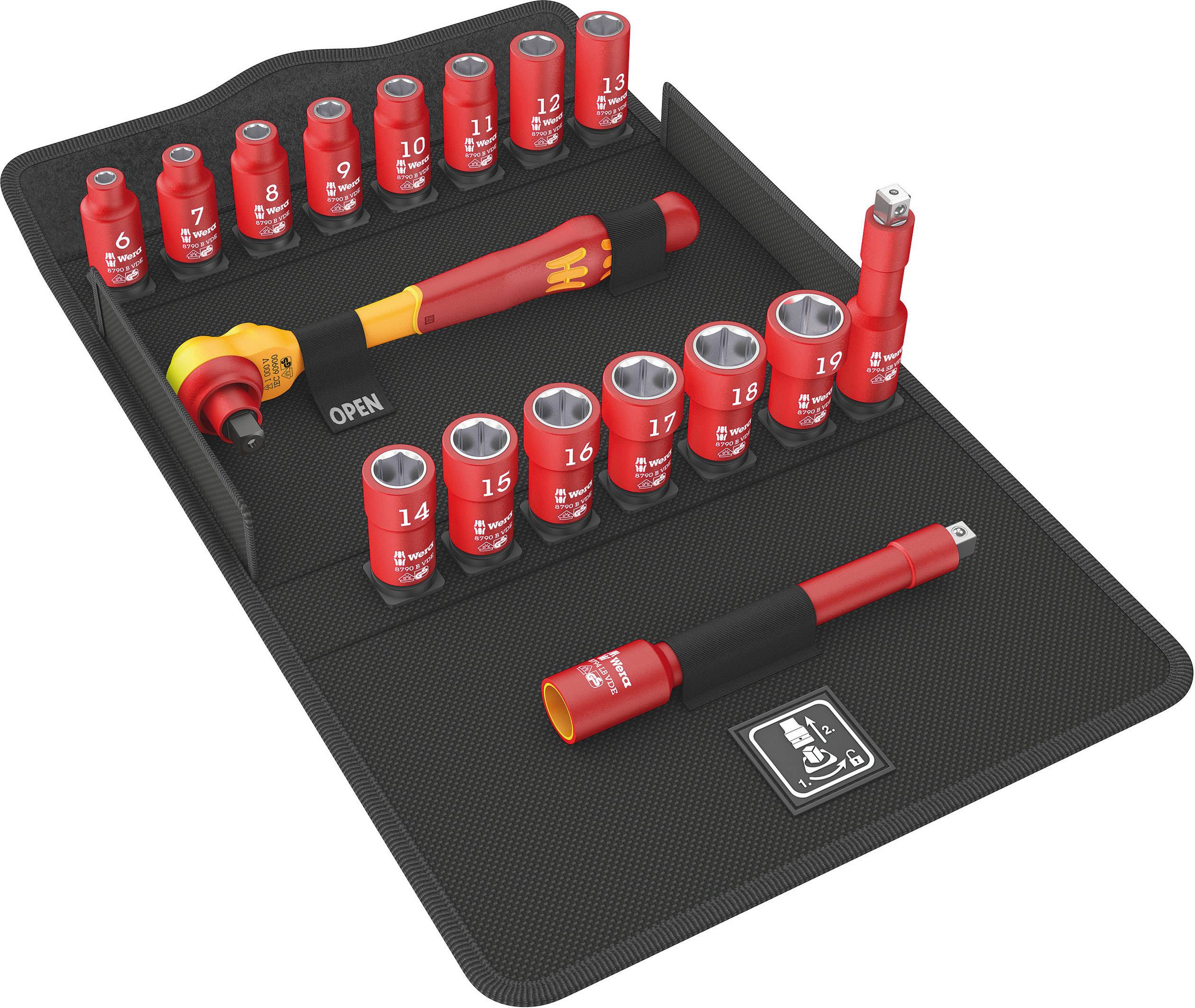 A set of insulated tools comprising socket wrenches and screwdrivers in an organiser case, suitable for electrical work.