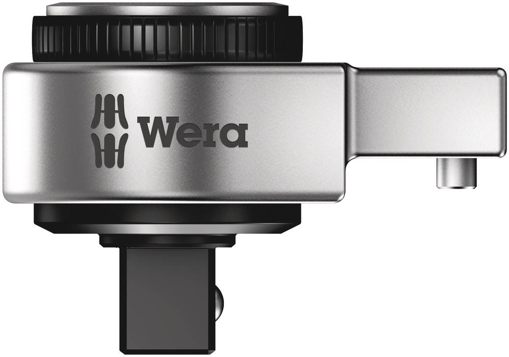 Compact ratchet with side view, silver-coloured, with black turning wheel and 'Wera' logo.