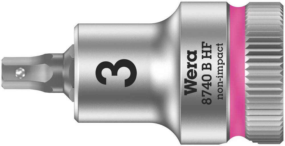 Socket bit by Wera, Type 8740 B HF, Size 3, suitable for non-impact drills. Silver metal with pink ring.