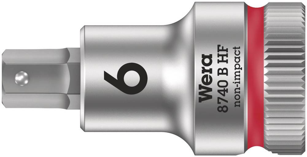 'Wera 8740 B HF' Socket Spanner with red ring, size 6. Made of metal, suitable for non-impact applications.