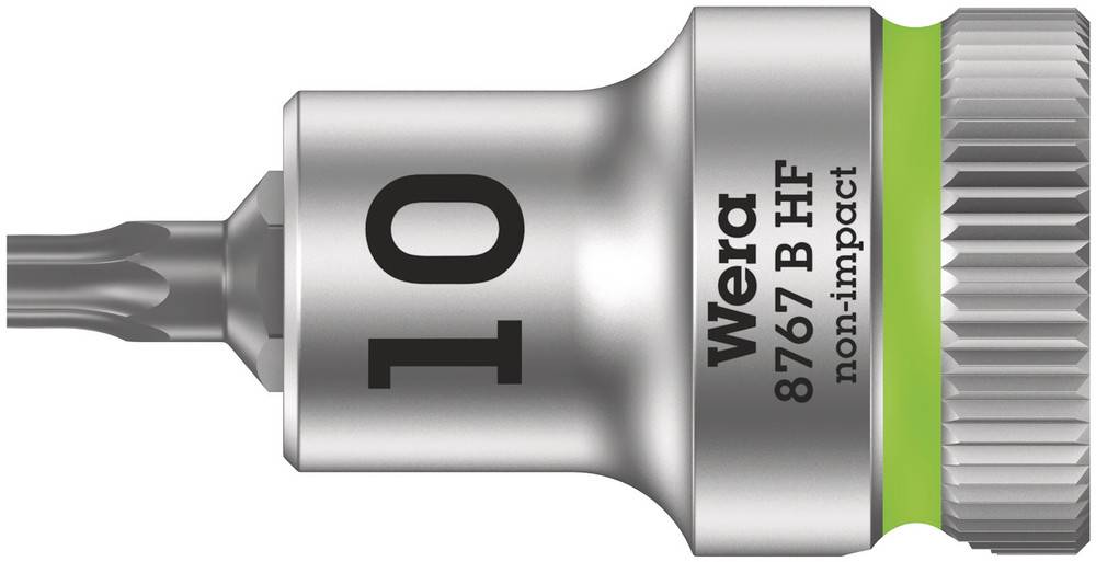 Metallic screwdriver bit with the inscription '10', 'Wera 8767 B HF' and 'non-impact'. The bit socket is visible on the left.