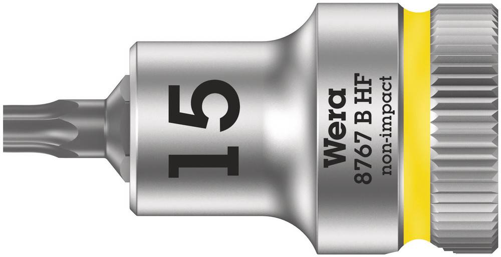 Bit holder by Wera, Model 8767 B HF, Size 15, with yellow ring and inscription 'non-impact'.