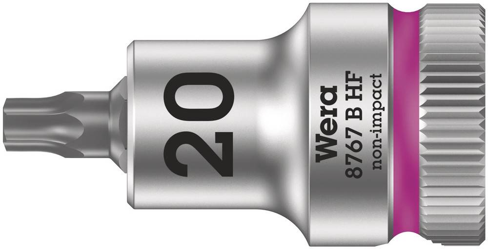 'Wera 8767 B HF non-impact' Torx Bit, size T20, with knurled edge and pink ring at the base, for manual screwdriving.