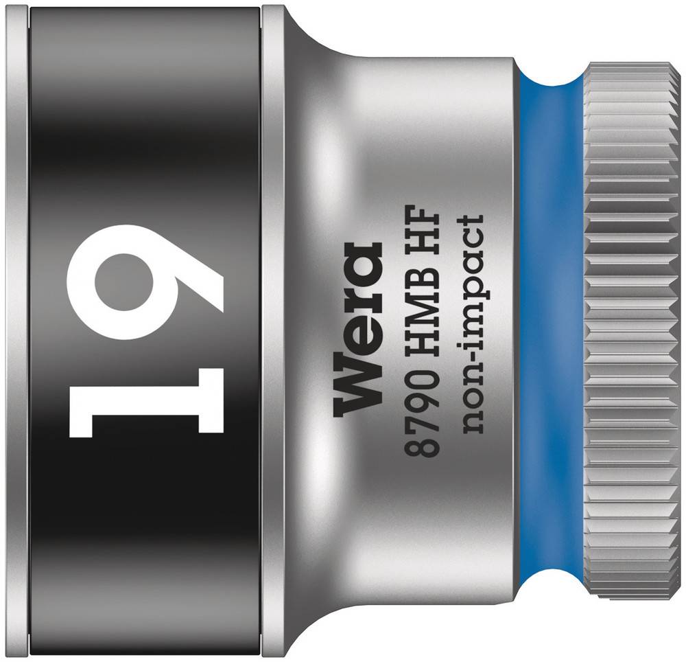 Nut by Wera, Model 8790 HMB HF, 19 mm, suitable for non-impact applications, with blue inner area and silver ring.