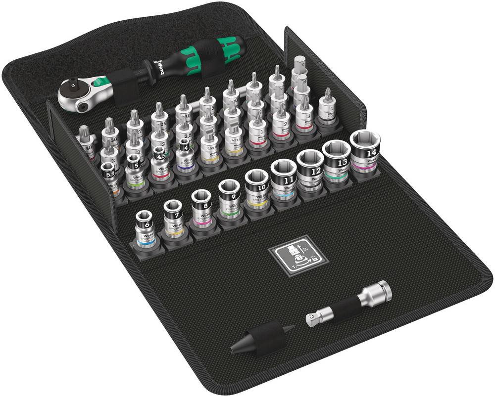 A set of open-ended socket wrenches and a ratchet. The sockets are sorted by size and colour.