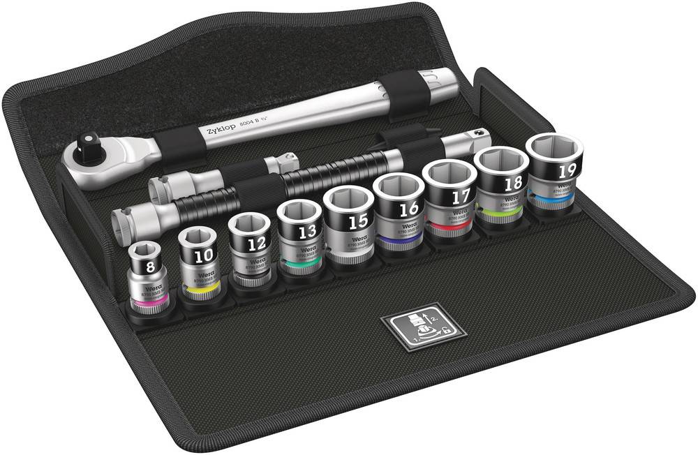 Tool set with a ratchet, extension and ten socket inserts in various sizes from 8 to 19 mm, colour-coded for easy identification.